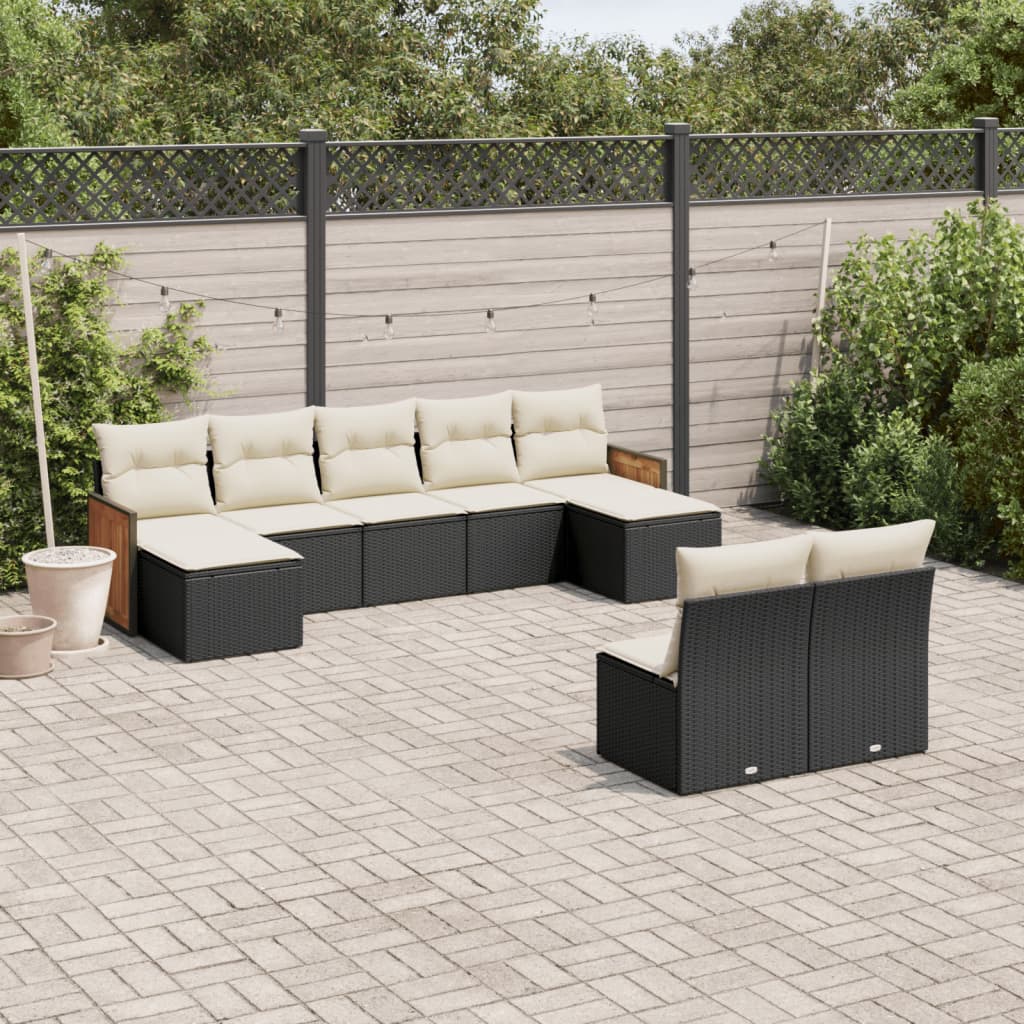 Salon de jardin 9 pcs avec coussins noir résine tressée