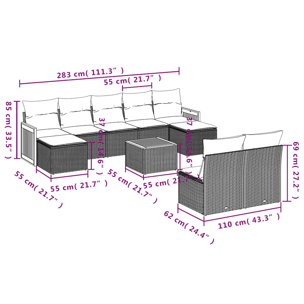 Ensemble de canapé de jardin 10 pcs avec coussins noir résine tressée