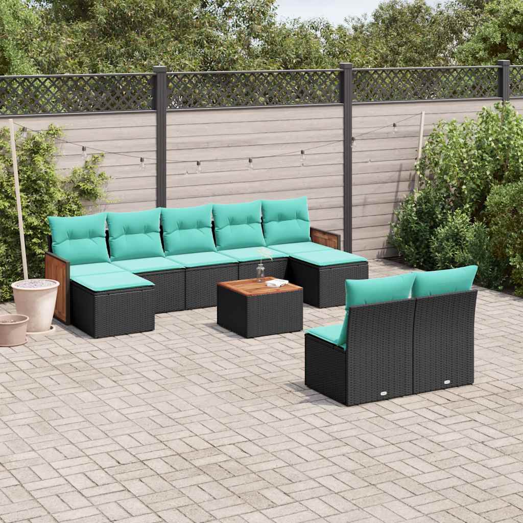 Ensemble de canapé de jardin 10 pcs avec coussins noir résine tressée