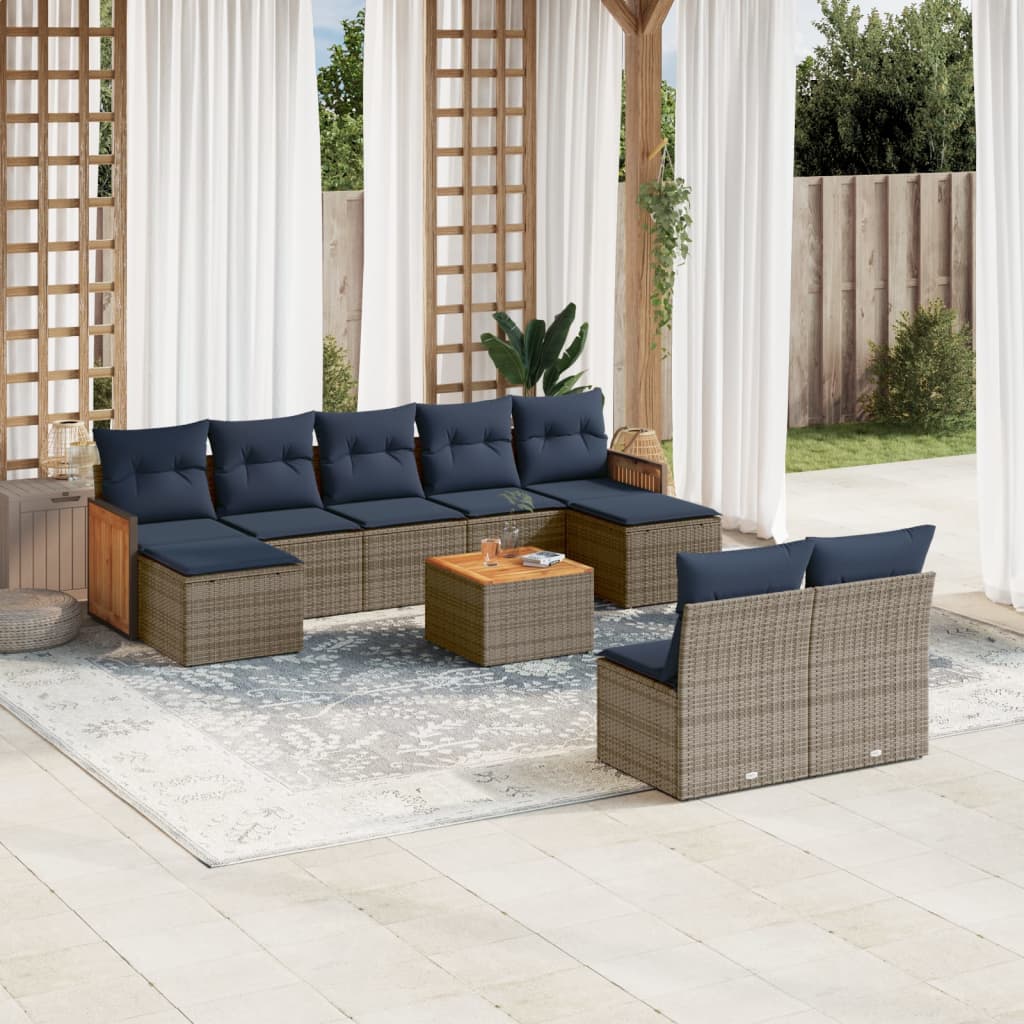 Ensemble de canapé de jardin 10 pcs avec coussins gris résine tressée