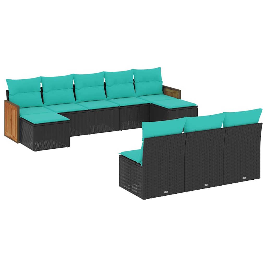 Salon de jardin 10 pcs avec coussins noir résine tressée