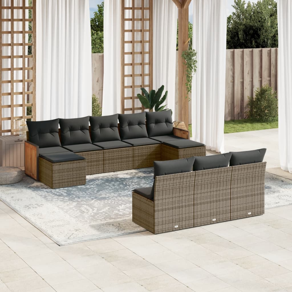 Salon de jardin avec coussins 10 pcs gris résine tressée