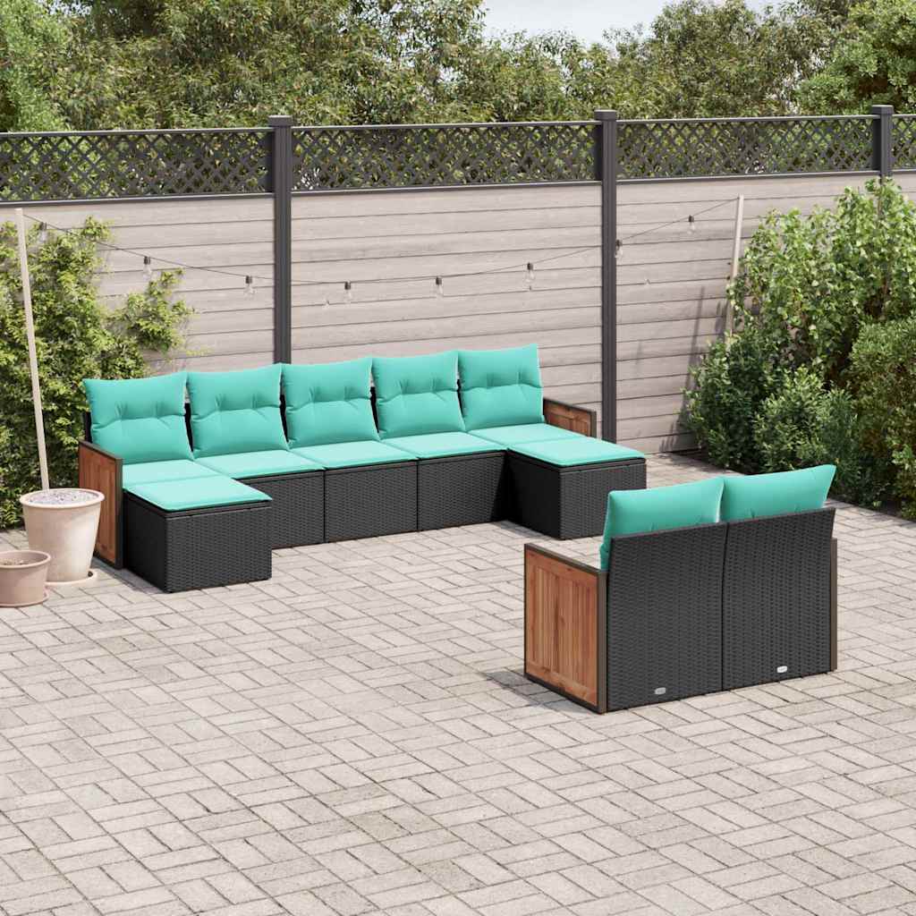 Salon de jardin 9 pcs avec coussins noir résine tressée