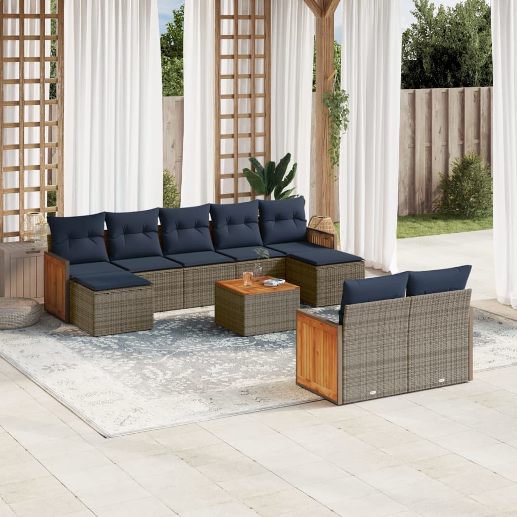 Ensemble de canapé de jardin 10 pcs avec coussins gris résine tressée