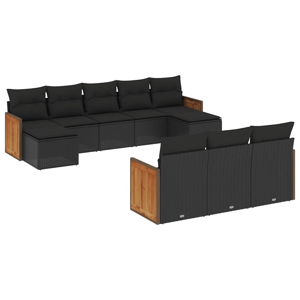 Salon de jardin 10 pcs avec coussins noir résine tressée