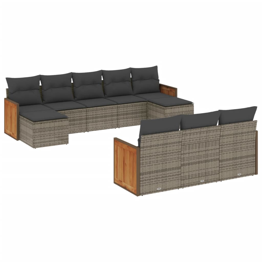 Salon de jardin avec coussins 10 pcs gris résine tressée