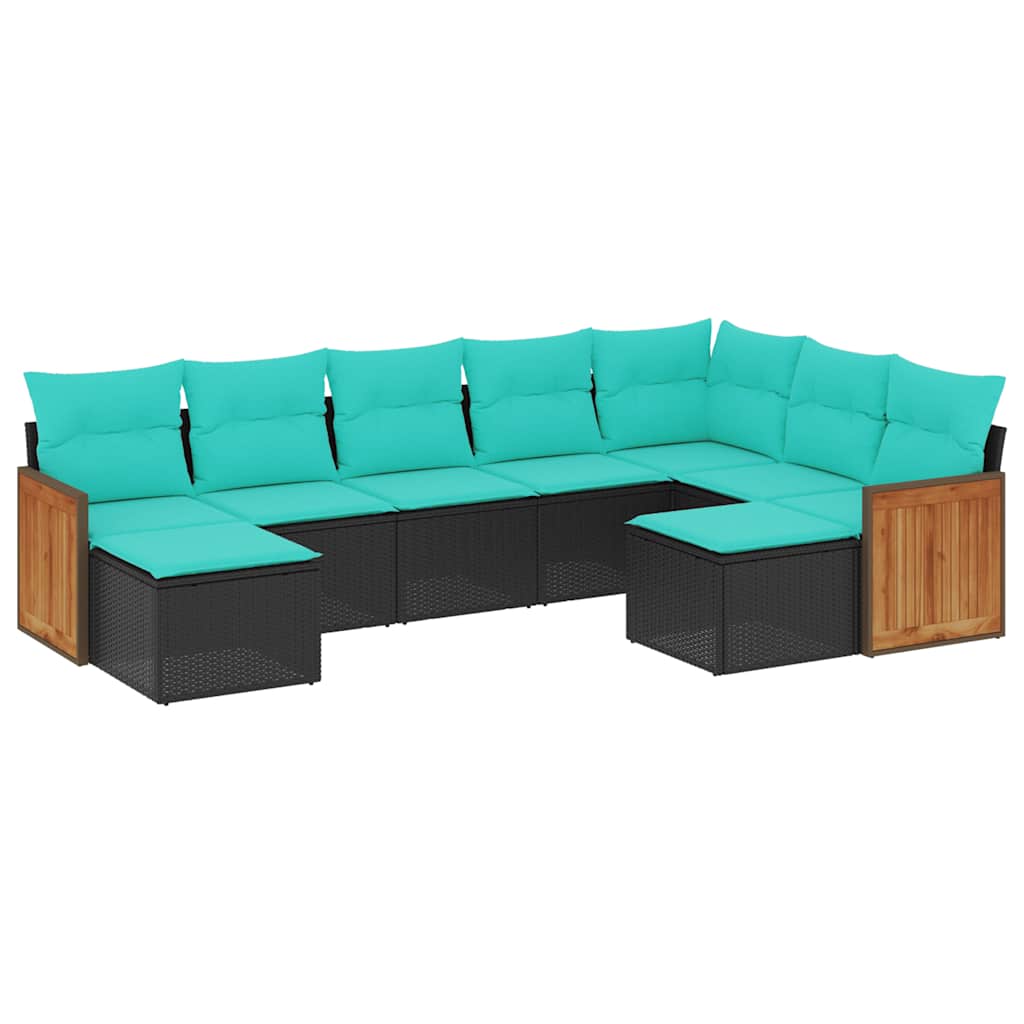 Salon de jardin 9 pcs avec coussins noir résine tressée