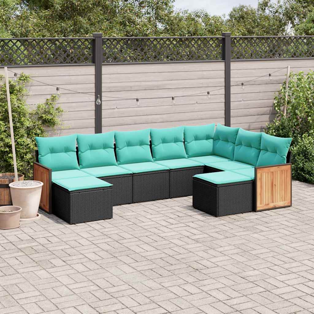 Salon de jardin 9 pcs avec coussins noir résine tressée
