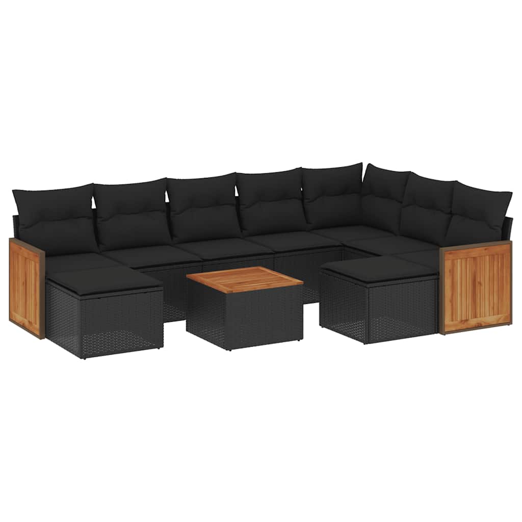 Salon de jardin 10 pcs avec coussins noir résine tressée