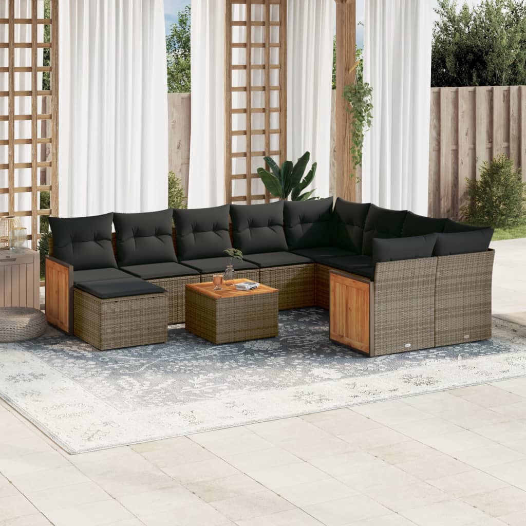 Salon de jardin 11 pcs avec coussins gris résine tressée