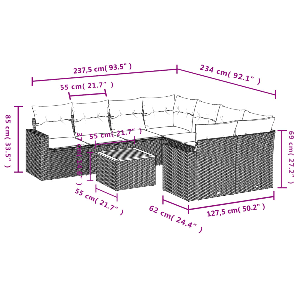 Salon de jardin avec coussins 9 pcs beige résine tressée