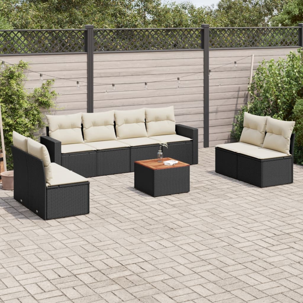 Salon de jardin 9 pcs avec coussins noir résine tressée