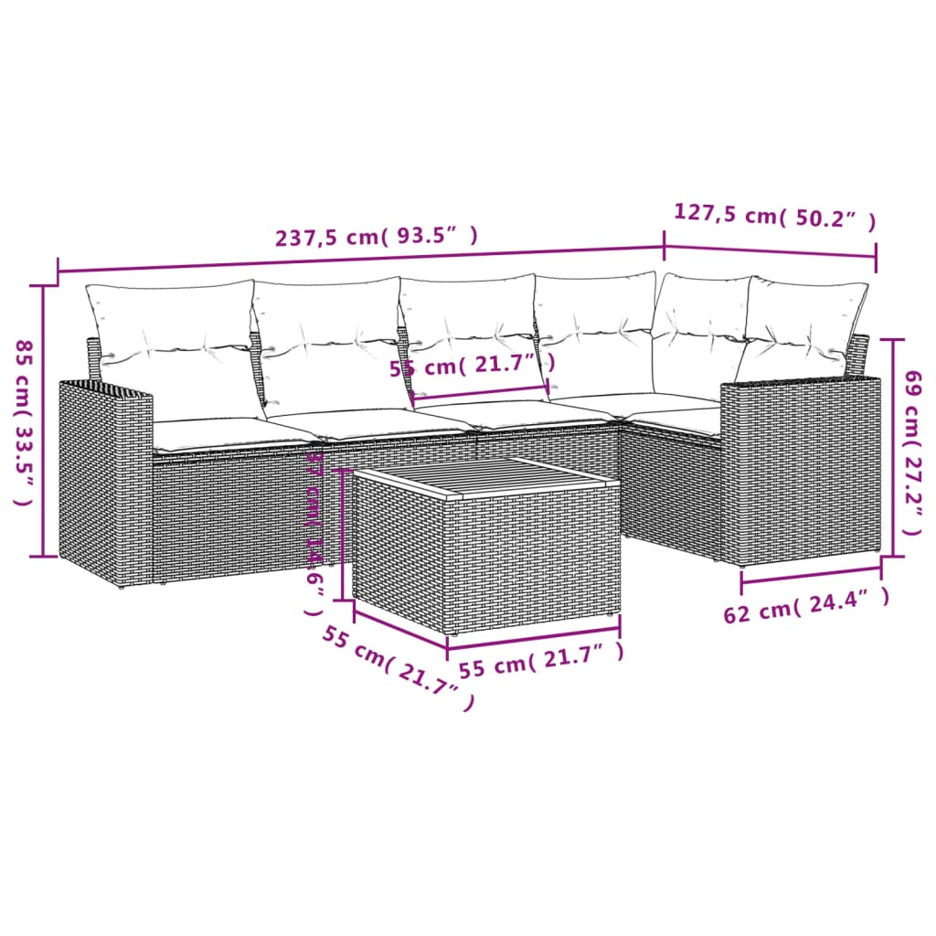 Salon de jardin avec coussins 6 pcs beige résine tressée