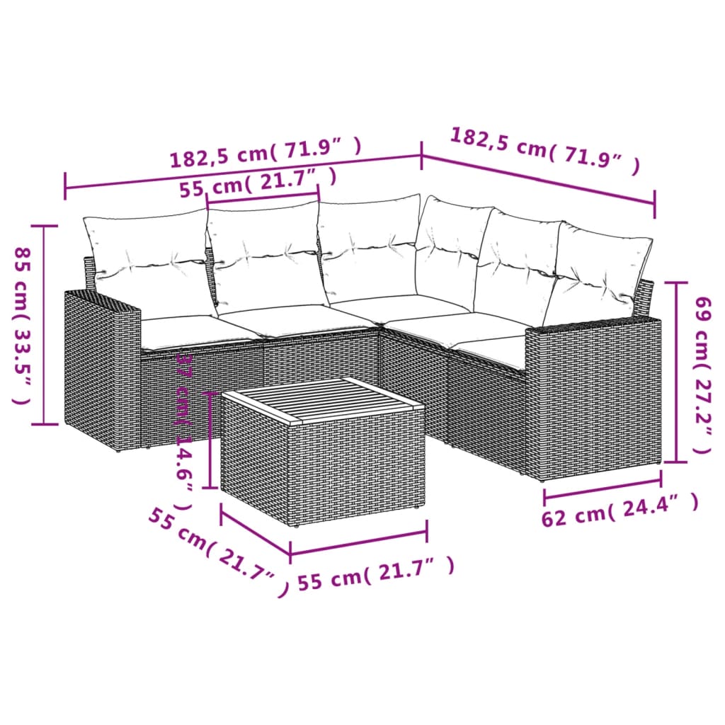 Salon de jardin 6 pcs avec coussins noir résine tressée