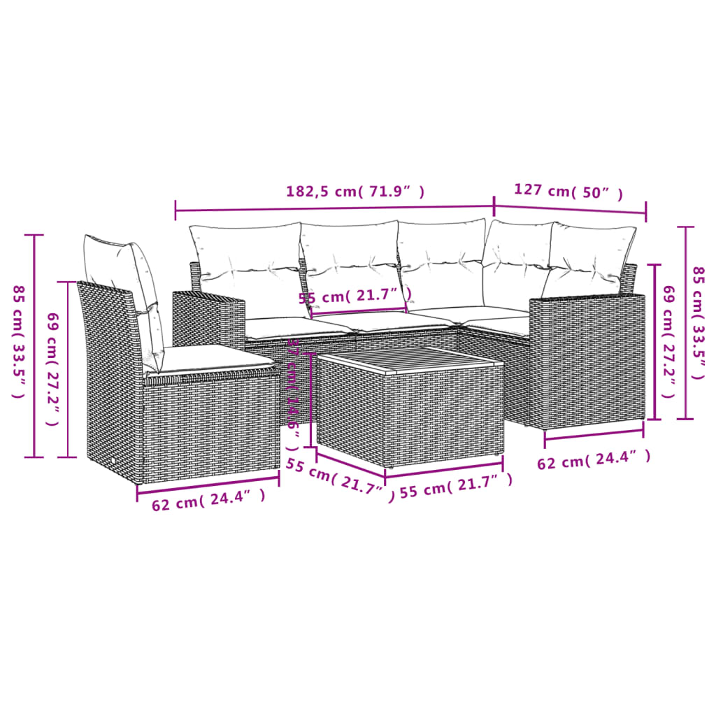 Salon de jardin avec coussins 6 pcs beige résine tressée