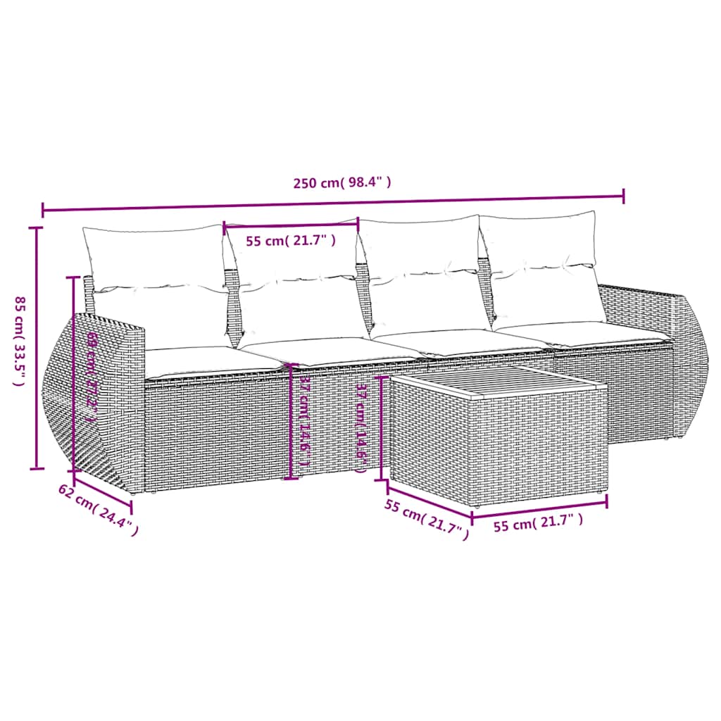 Ensemble de canapé de jardin 5 pcs avec coussins noir résine tressée