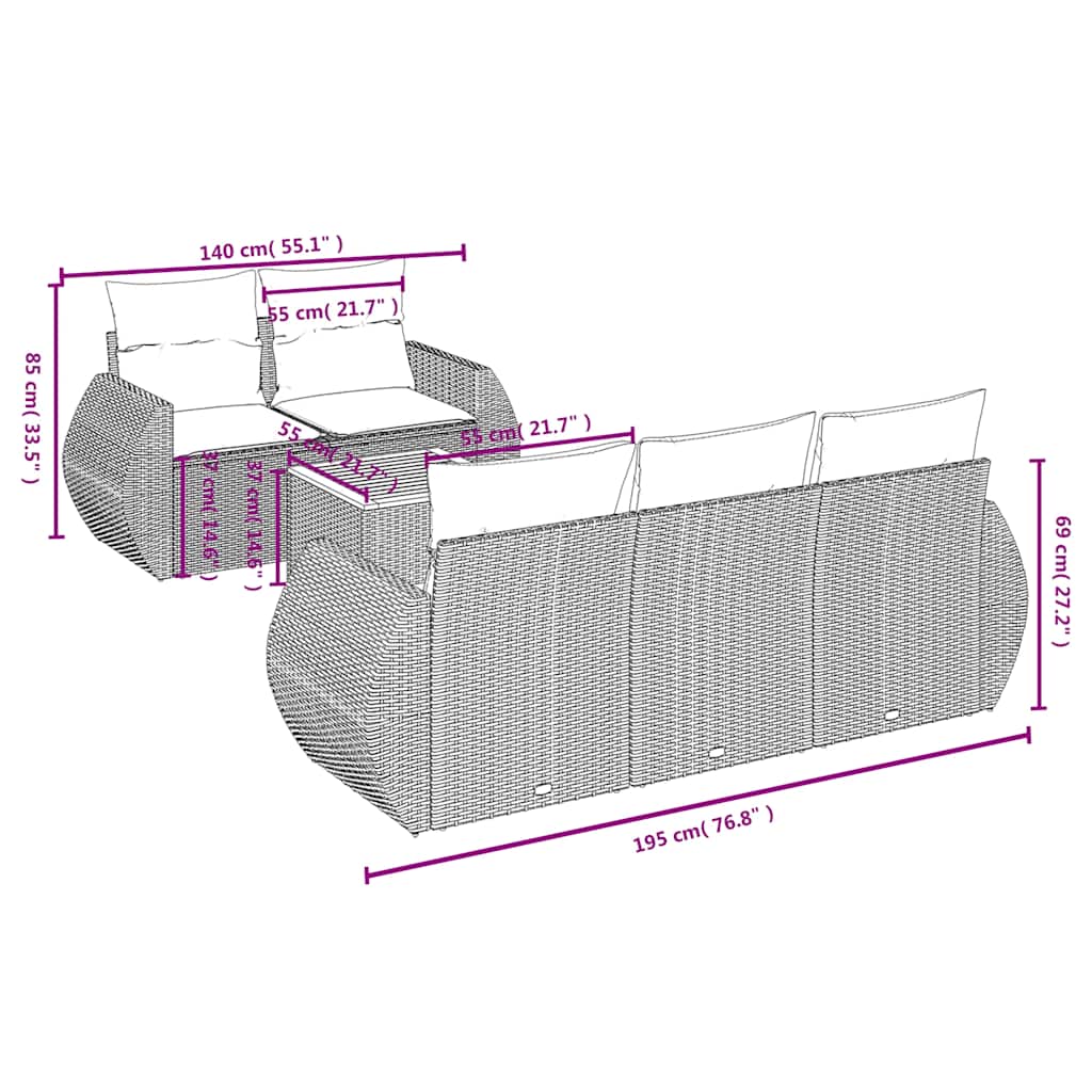Ensemble de canapé de jardin 6 pcs avec coussins noir résine tressée