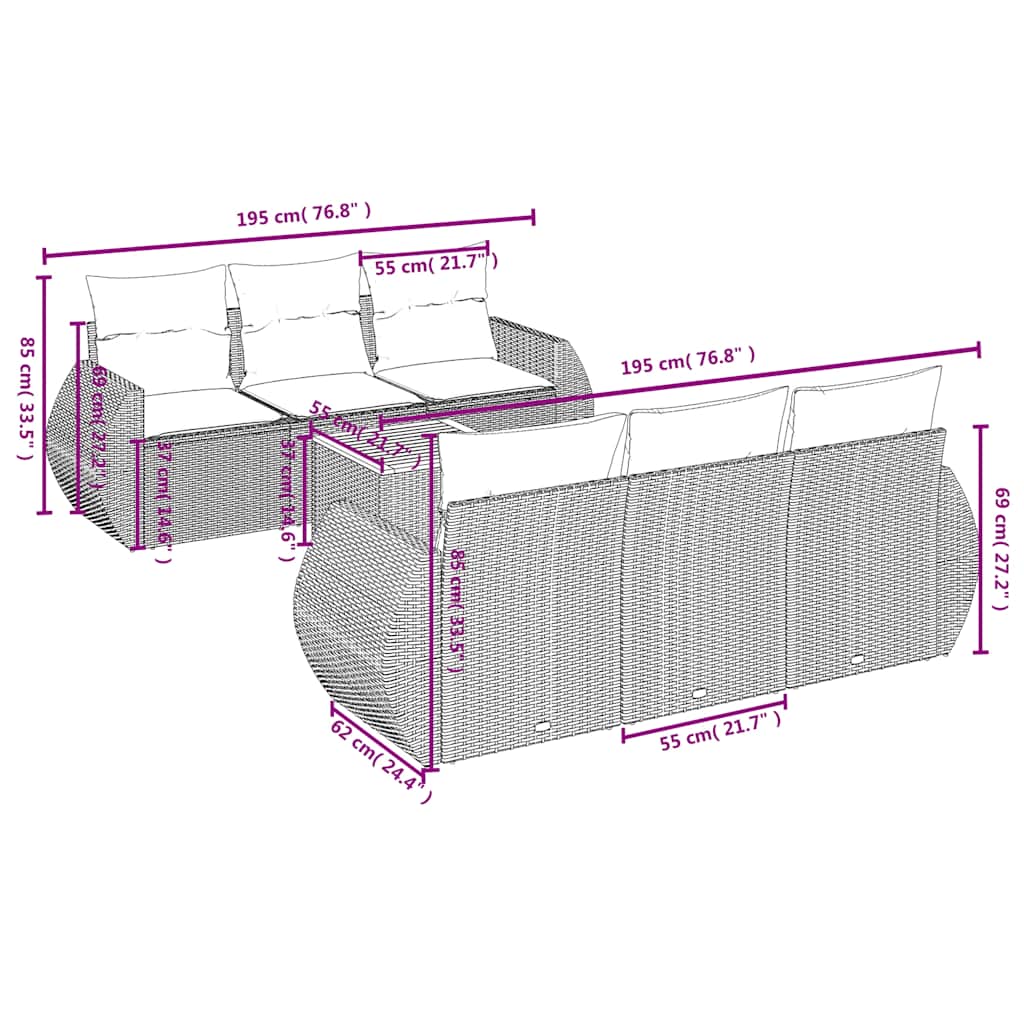 Ensemble de canapé de jardin 7 pcs avec coussins gris résine tressée