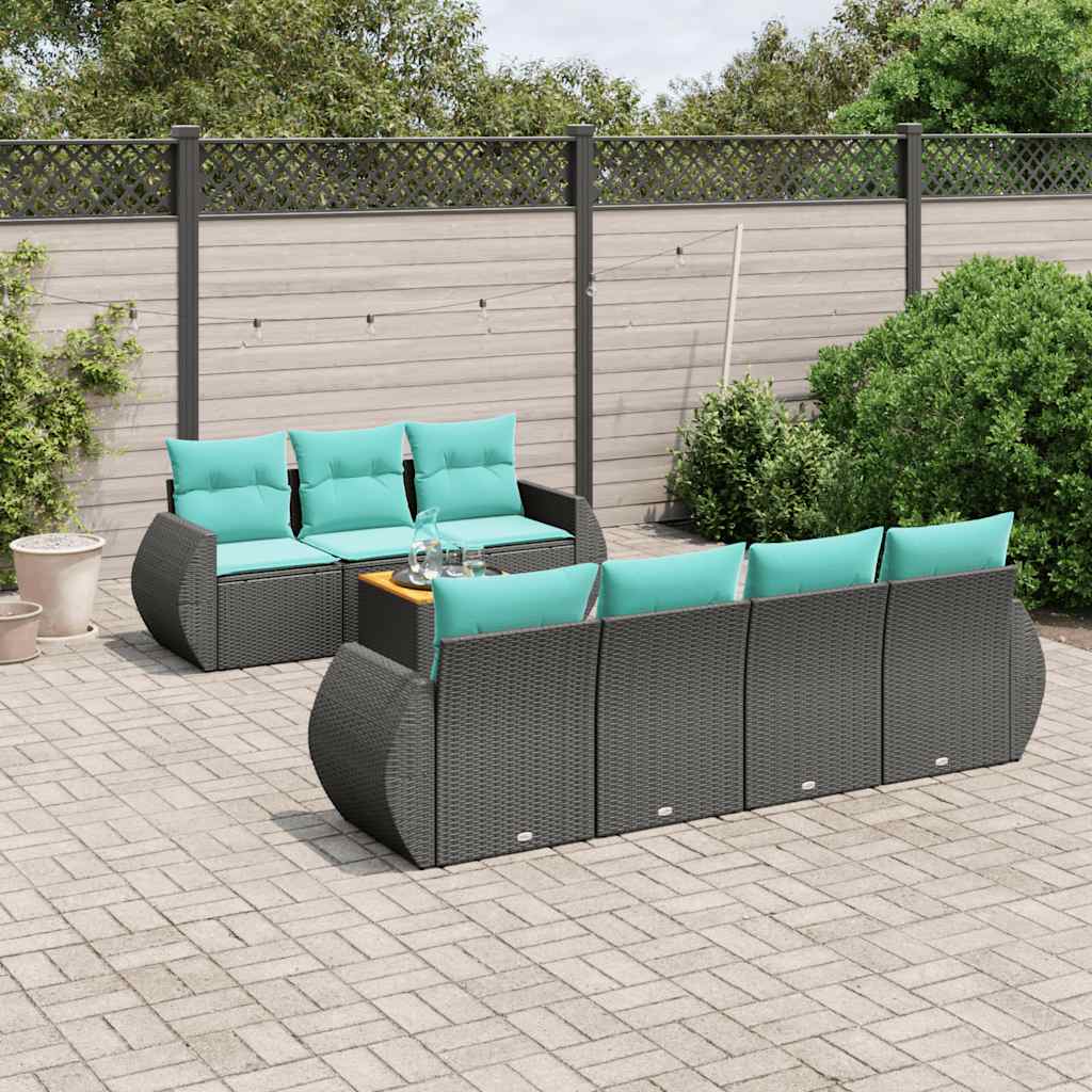 Ensemble de canapé de jardin 8 pcs avec coussins noir résine tressée