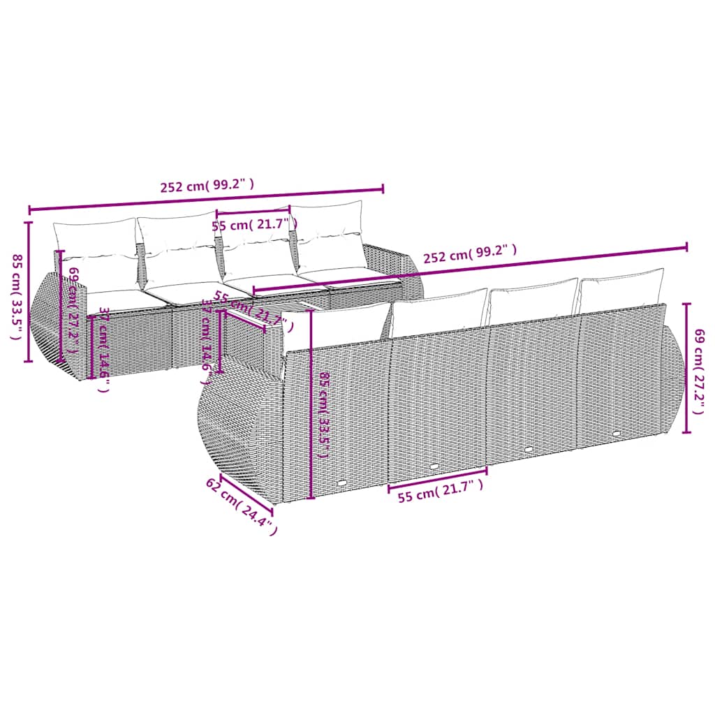 Ensemble de canapé de jardin 9 pcs avec coussins noir résine tressée