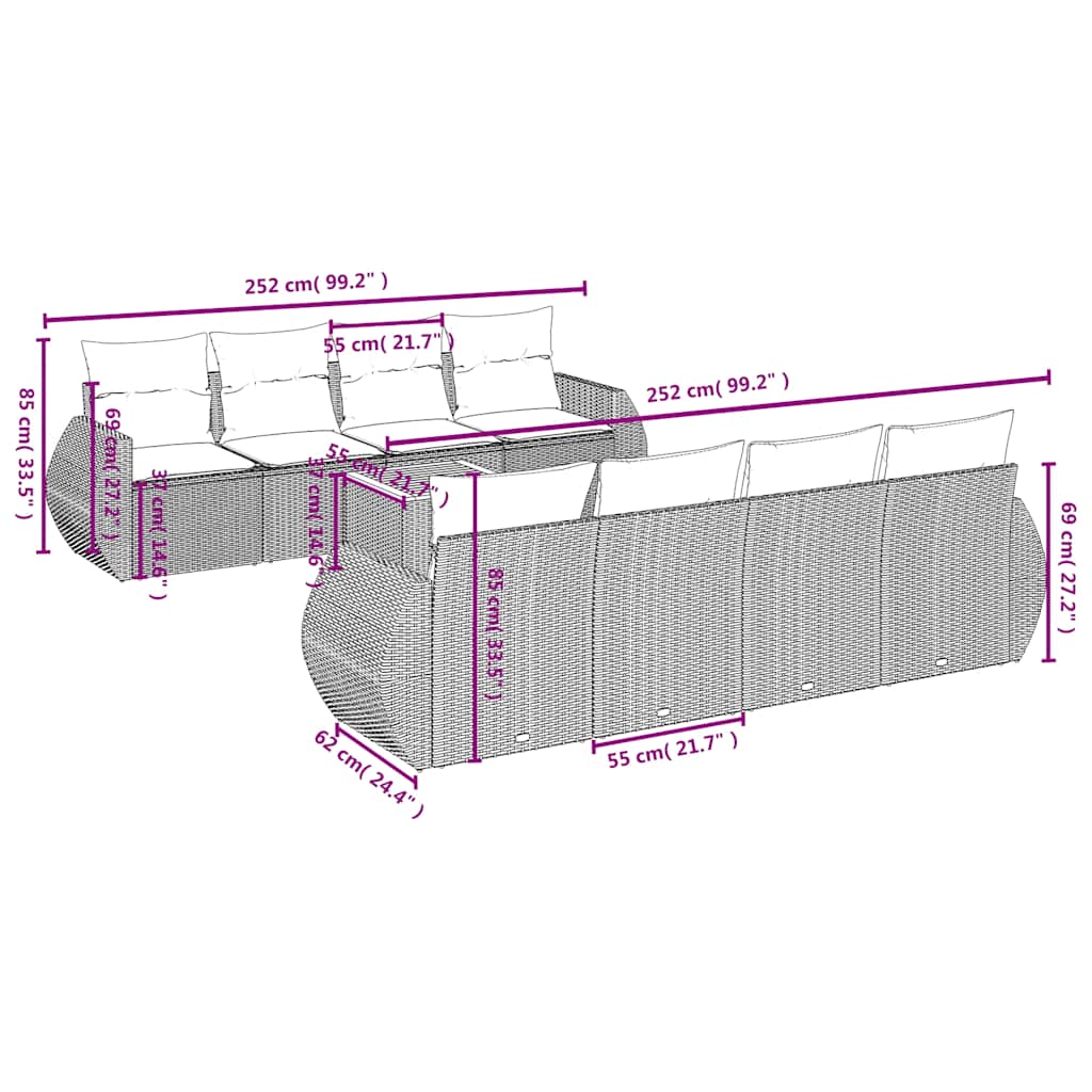 Ensemble de canapé de jardin 9 pcs avec coussins gris résine tressée