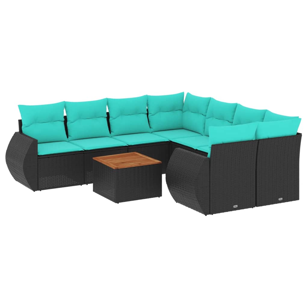 Ensemble de canapé de jardin 9 pcs avec coussins noir résine tressée