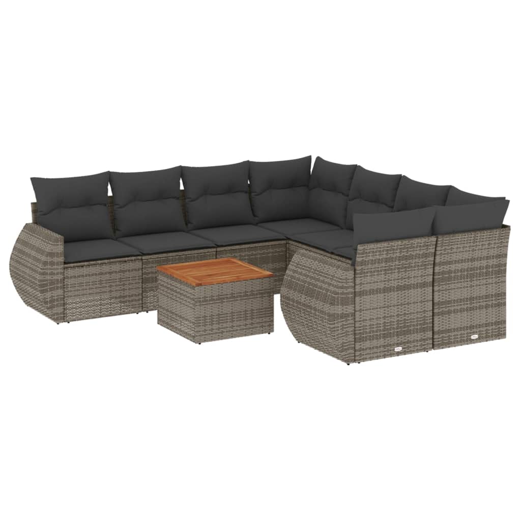 Salon de jardin 9 pcs avec coussins gris résine tressée