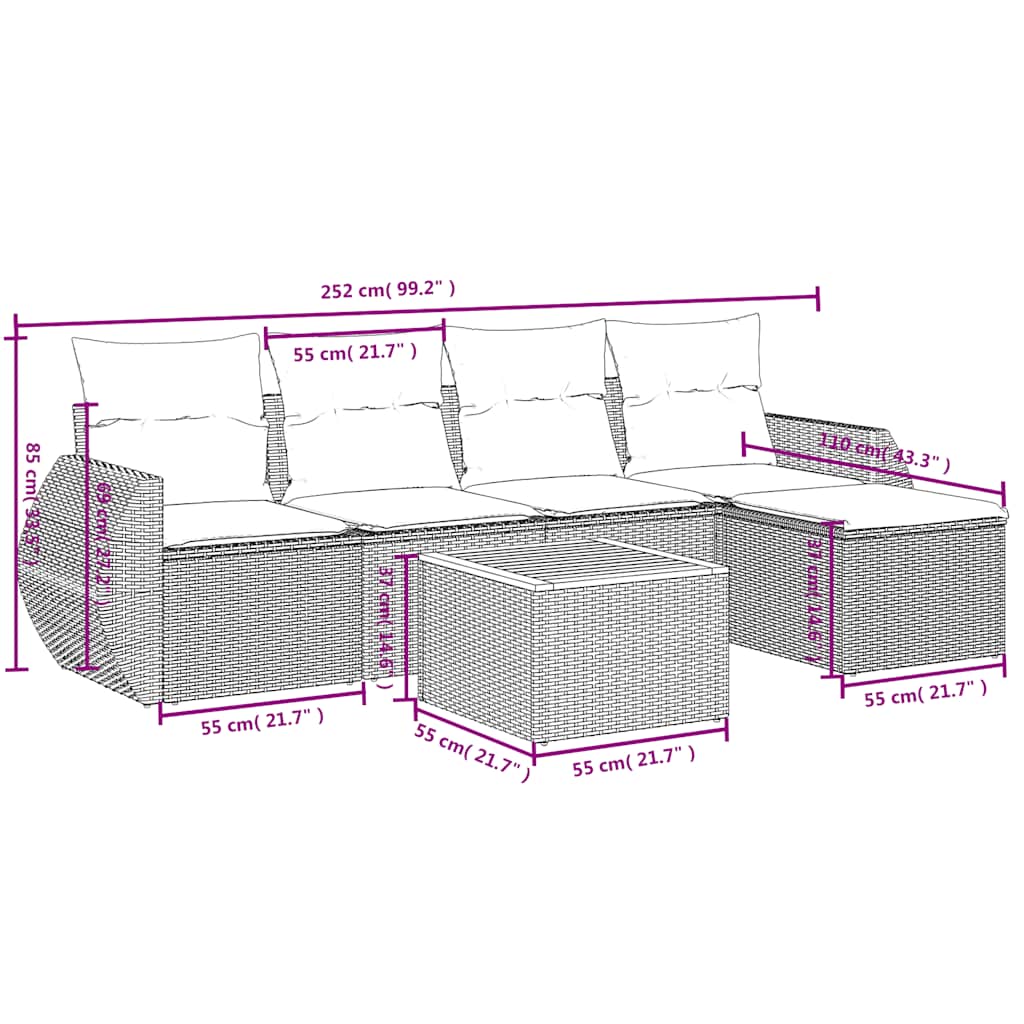 Ensemble de canapé de jardin 6 pcs avec coussins noir résine tressée