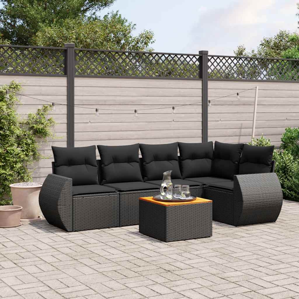 Salon de jardin 6 pcs avec coussins noir résine tressée