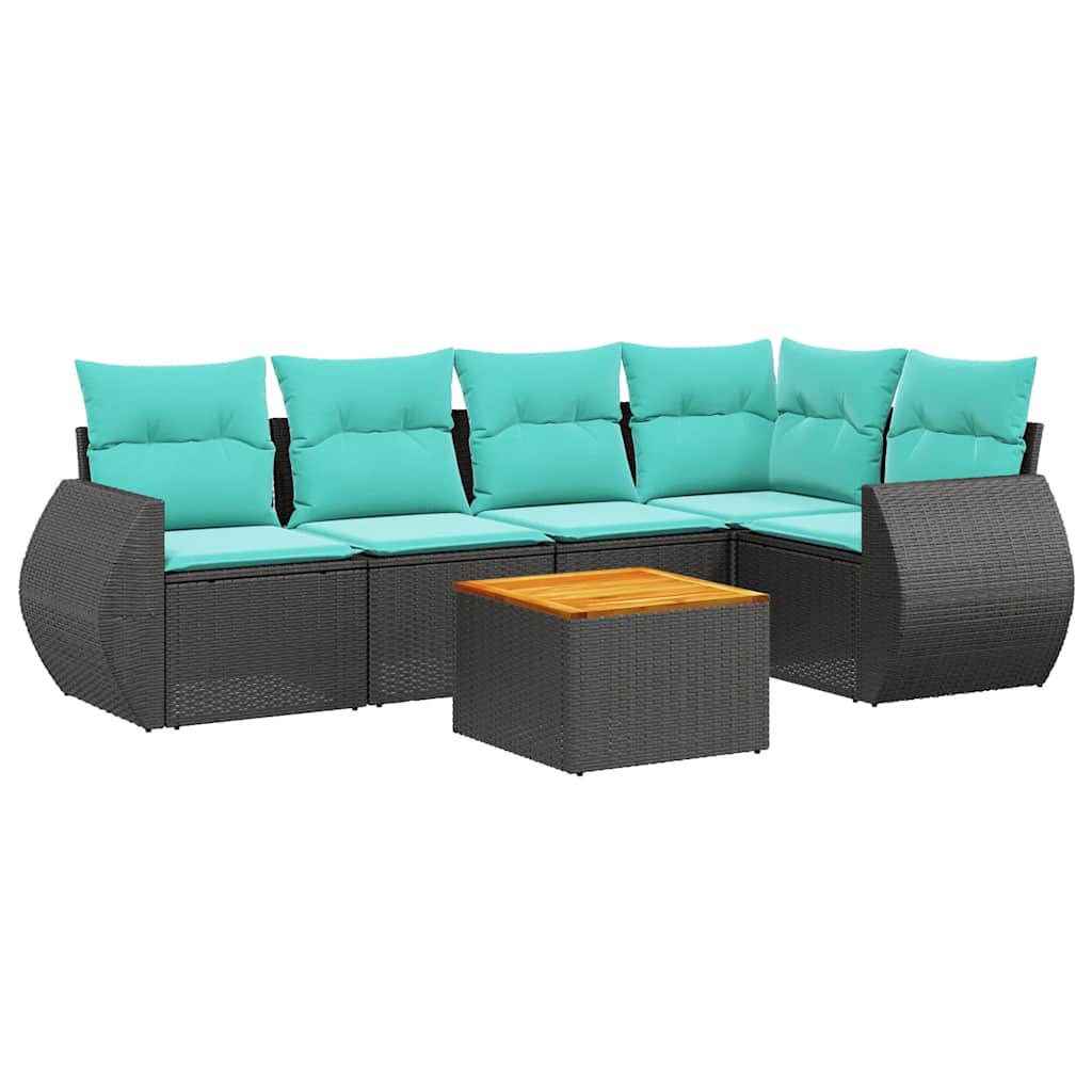 Ensemble de canapé de jardin 6 pcs avec coussins noir résine tressée