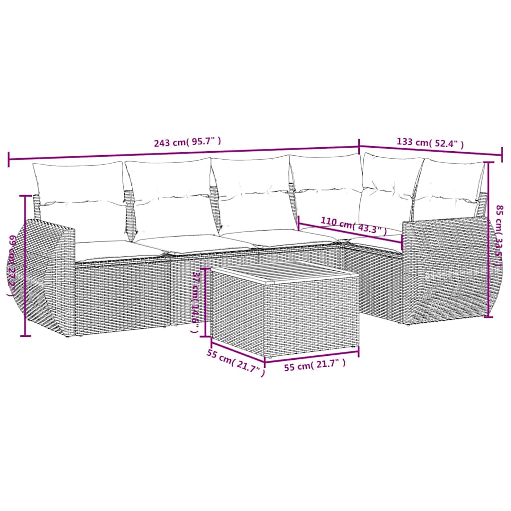 Ensemble de canapé de jardin 6 pcs avec coussins noir résine tressée