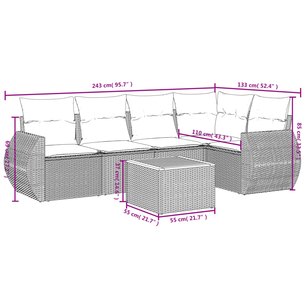 Ensemble de canapé de jardin 6 pcs avec coussins gris résine tressée