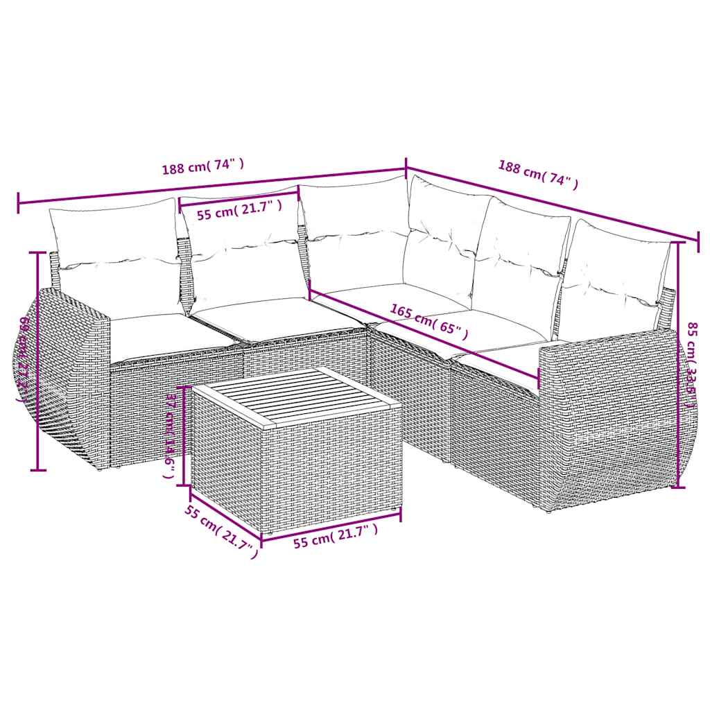 Ensemble de canapé de jardin 6 pcs avec coussins noir résine tressée