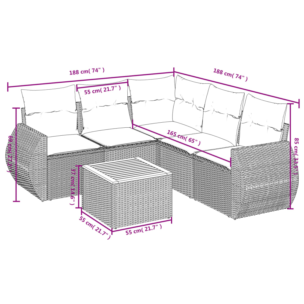 Ensemble de canapé de jardin 6 pcs avec coussins gris résine tressée