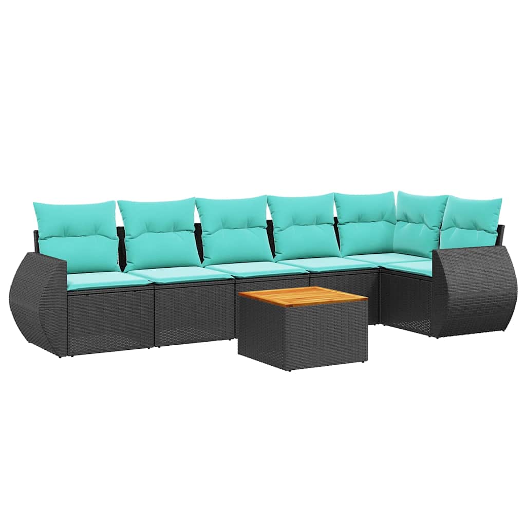 Ensemble de canapé de jardin 7 pcs avec coussins noir résine tressée