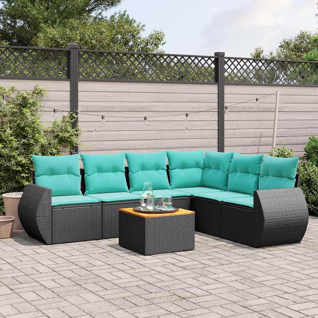 Ensemble de canapé de jardin 7 pcs avec coussins noir résine tressée