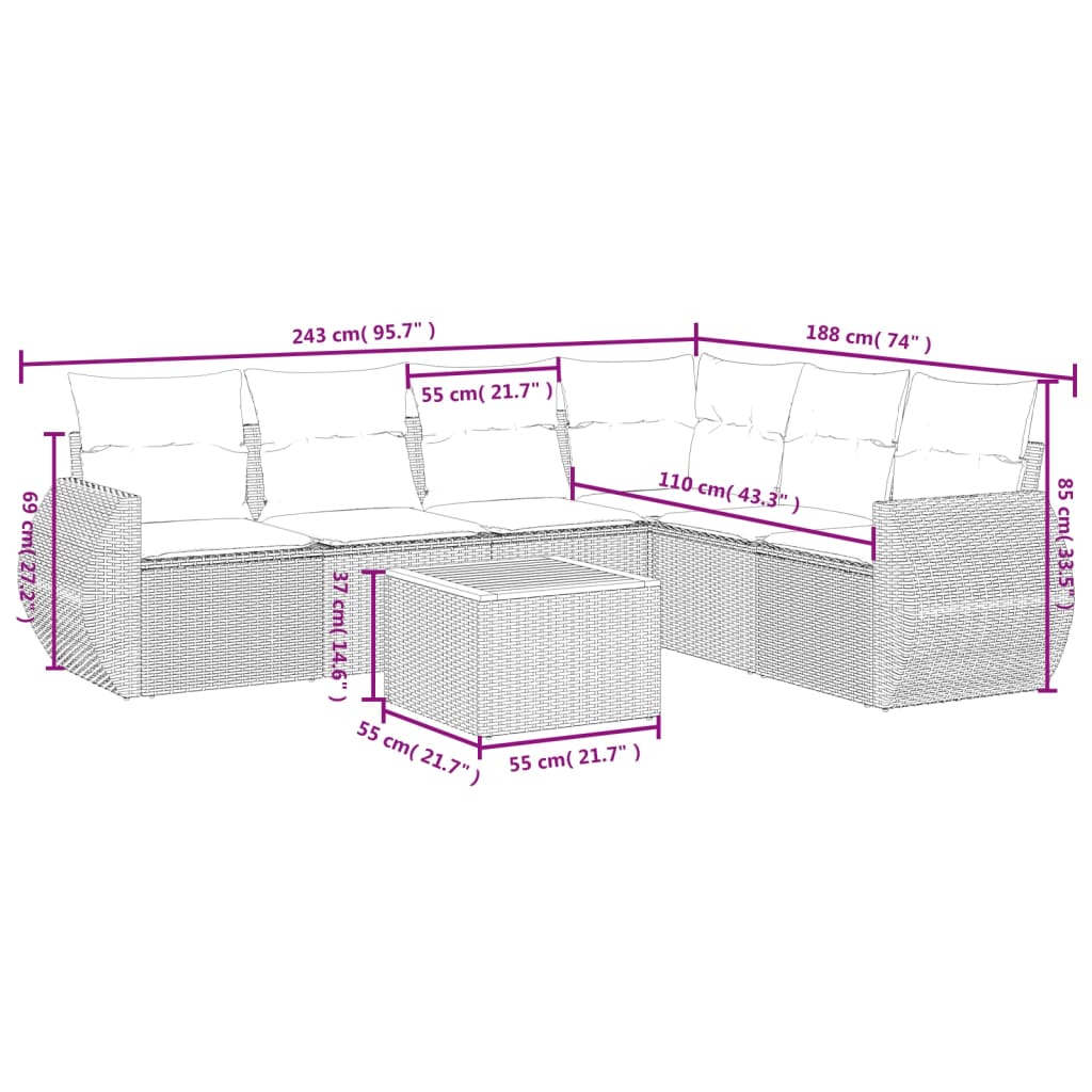 Ensemble de canapé de jardin 7 pcs avec coussins gris résine tressée