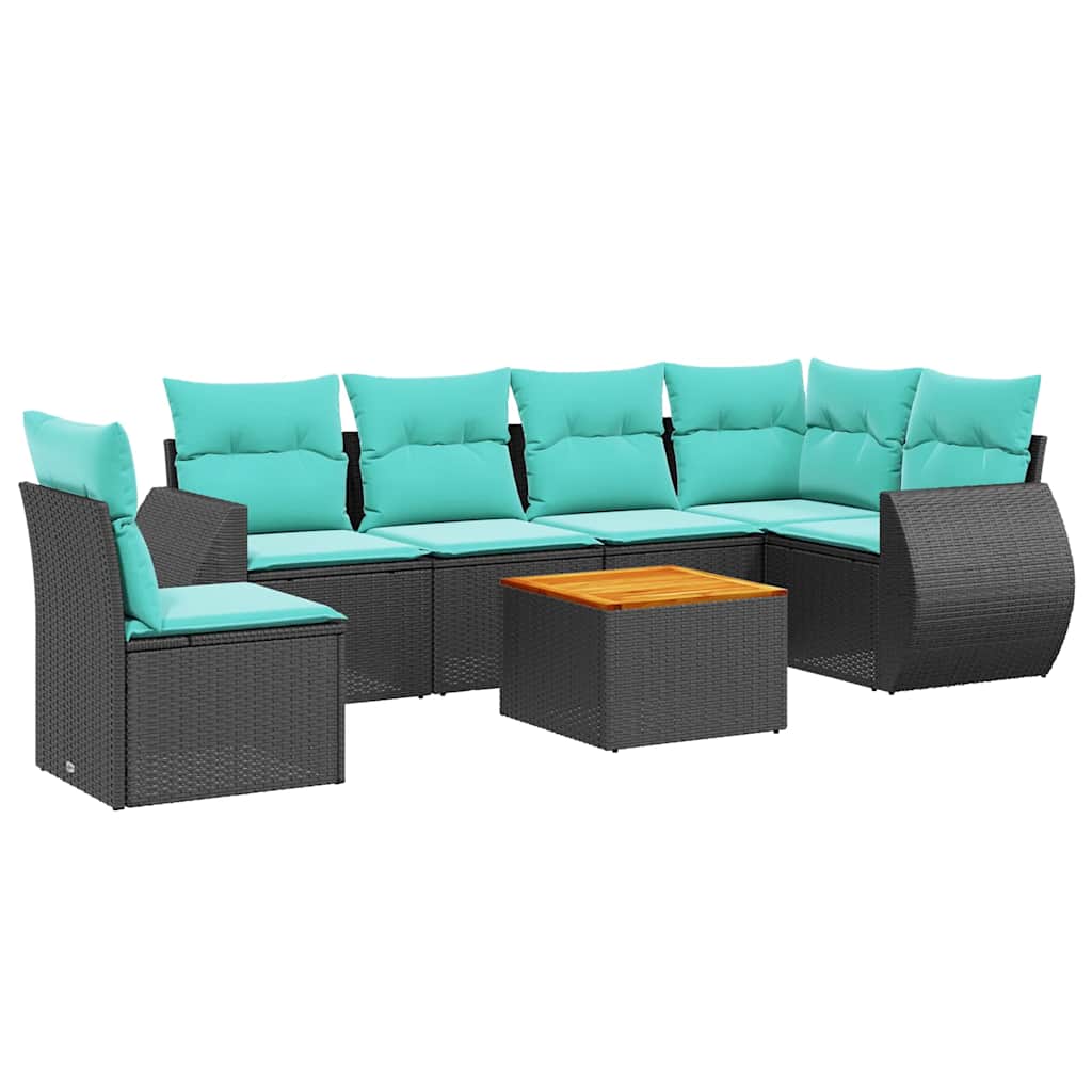 Ensemble de canapé de jardin 7 pcs avec coussins noir résine tressée
