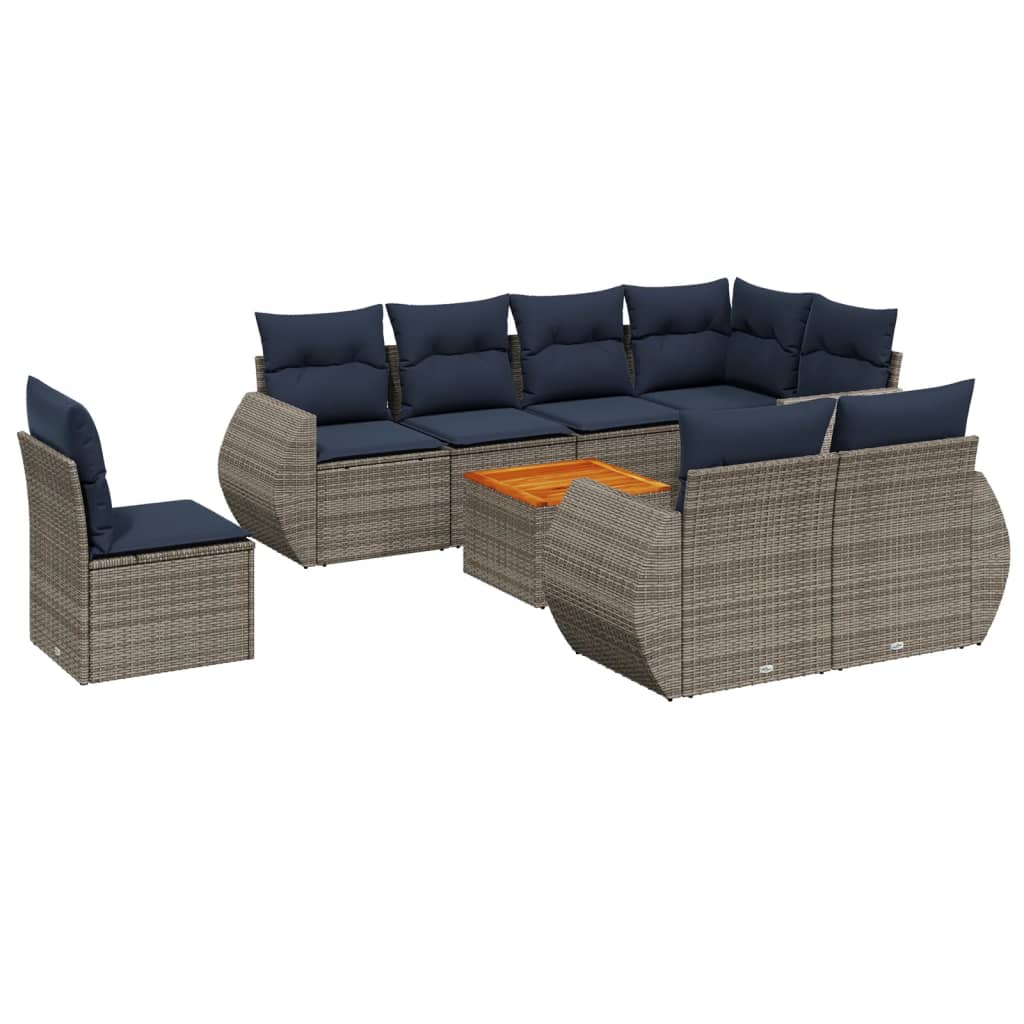 Ensemble de canapé de jardin 9 pcs avec coussins gris résine tressée