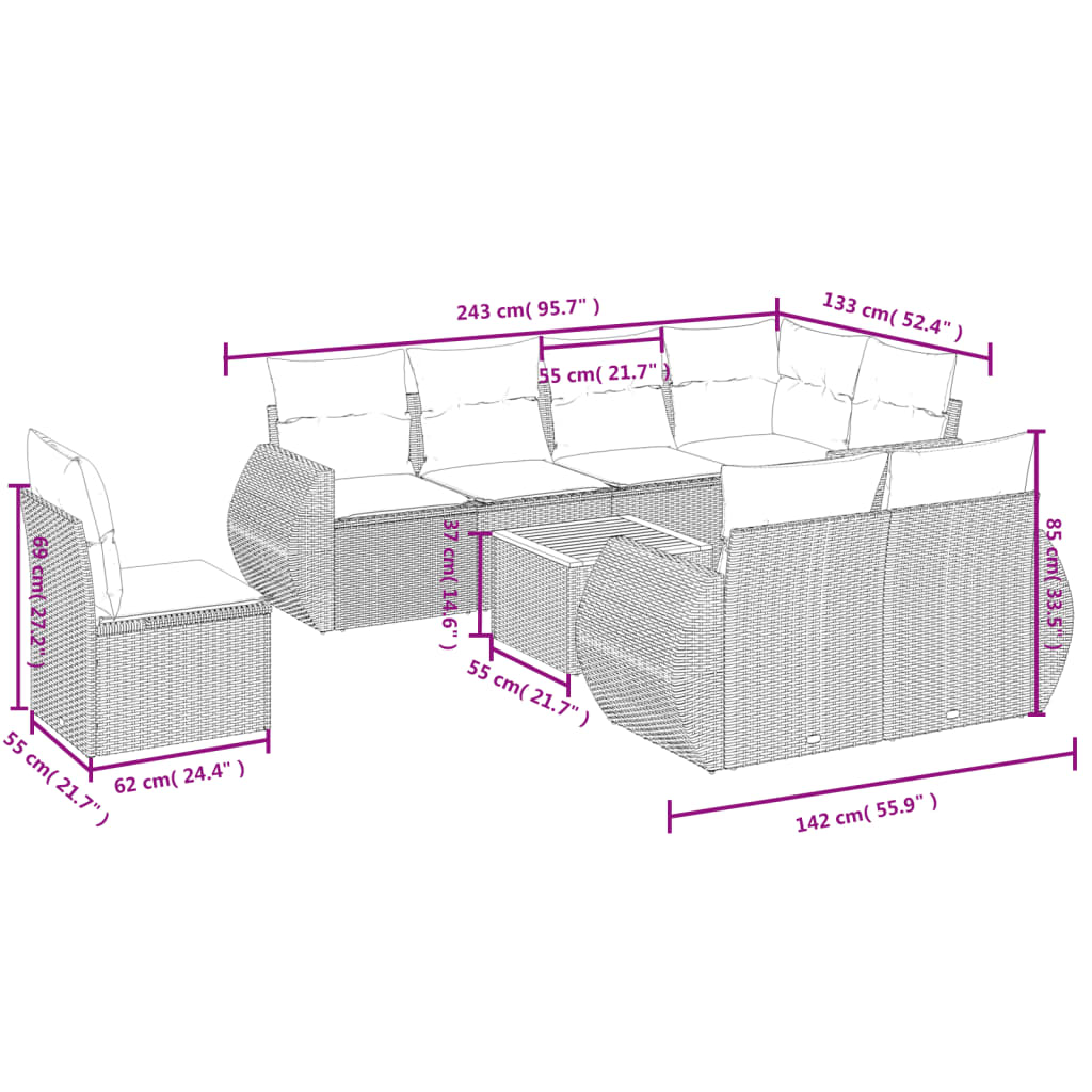 Ensemble de canapé de jardin 9 pcs avec coussins gris résine tressée