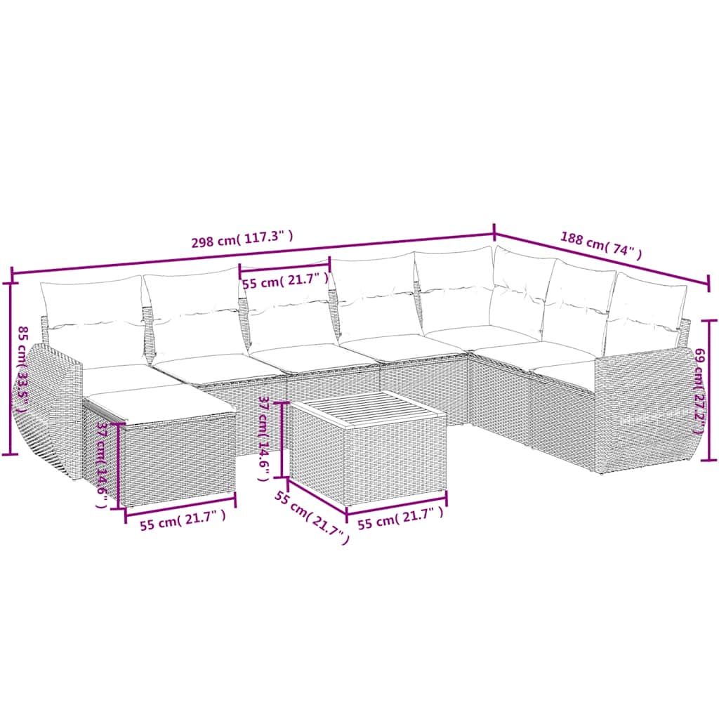 Ensemble de canapé de jardin 9 pcs avec coussins noir résine tressée