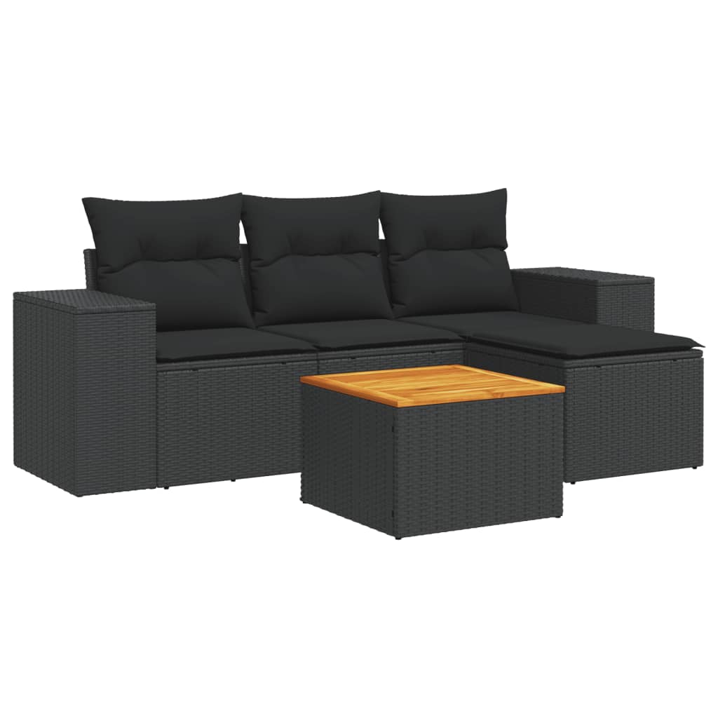 Salon de jardin 5 pcs avec coussins noir résine tressée