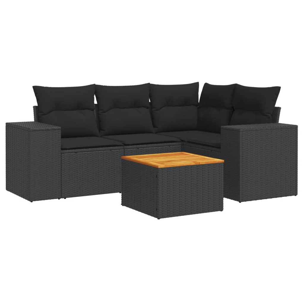 Salon de jardin 5 pcs avec coussins noir résine tressée