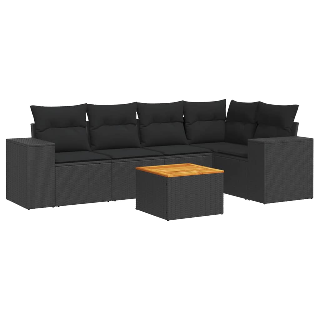 Salon de jardin 6 pcs avec coussins noir résine tressée