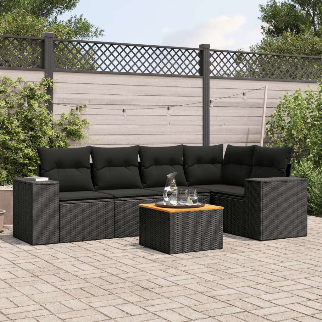 Salon de jardin 6 pcs avec coussins noir résine tressée