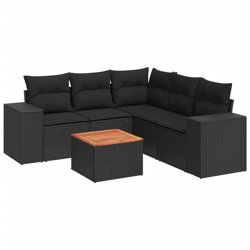 Salon de jardin 6 pcs avec coussins noir résine tressée