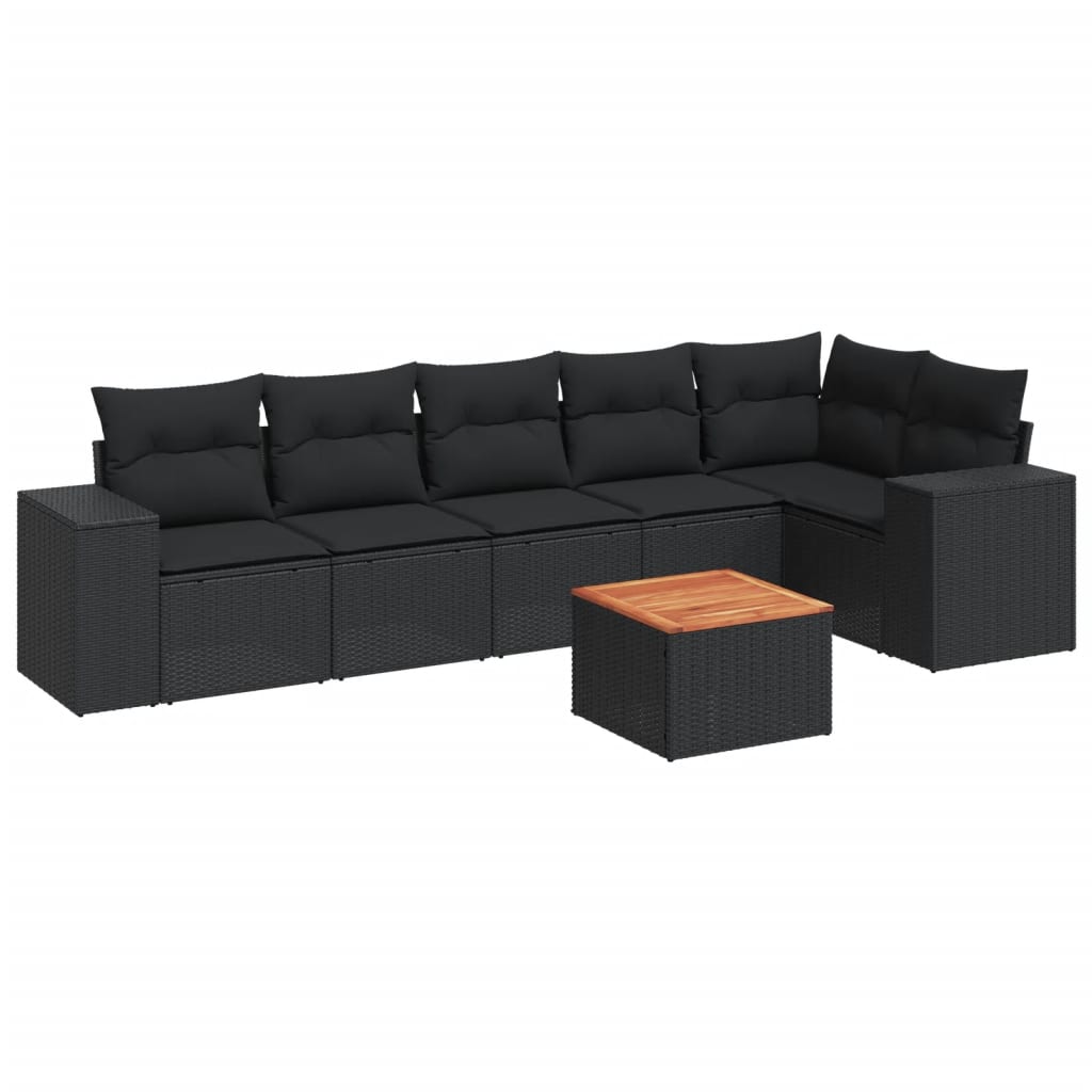 Salon de jardin 7 pcs avec coussins noir résine tressée
