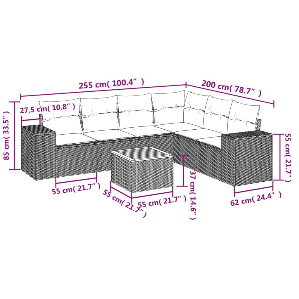 Salon de jardin avec coussins 7 pcs gris résine tressée