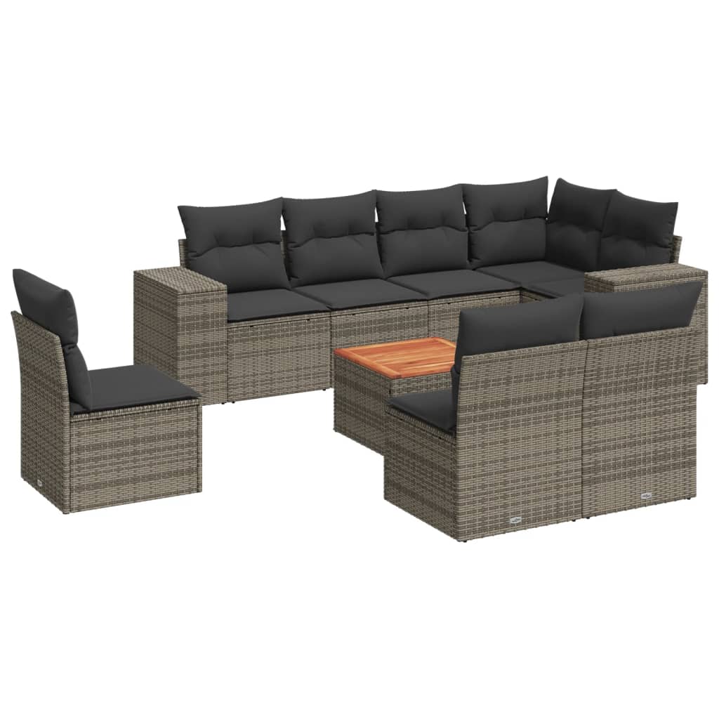 Salon de jardin 9 pcs avec coussins gris résine tressée