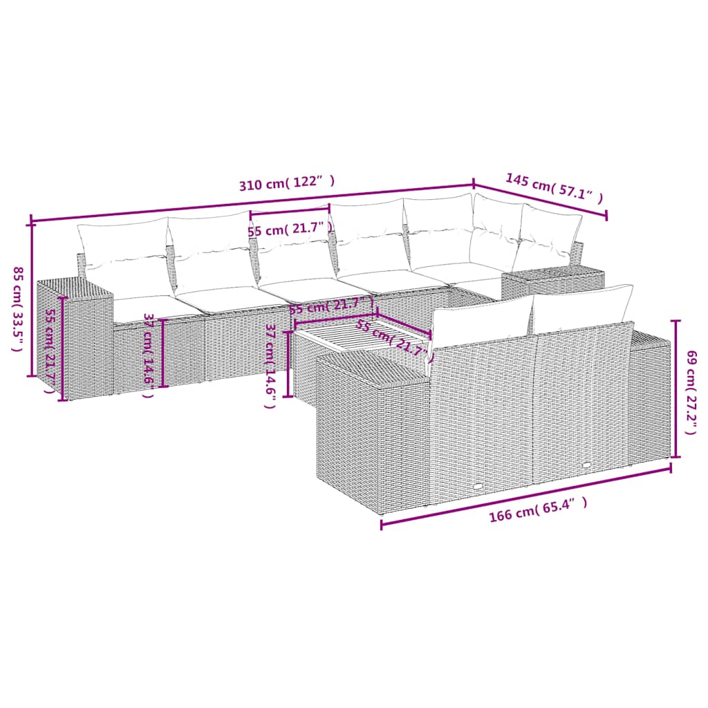 Ensemble de canapé de jardin 9 pcs avec coussins gris résine tressée
